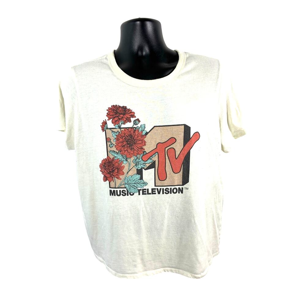 MTV Floral Logo Graphic T Shirt XL White Music Television Flower Tee